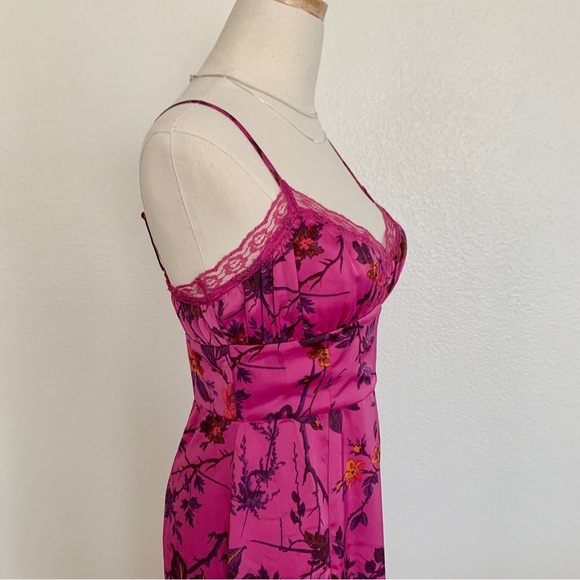 UO Purple Magenta Floral Tropical Print Satin Midi Side Slit Slip Dress - Picture 8 of 16